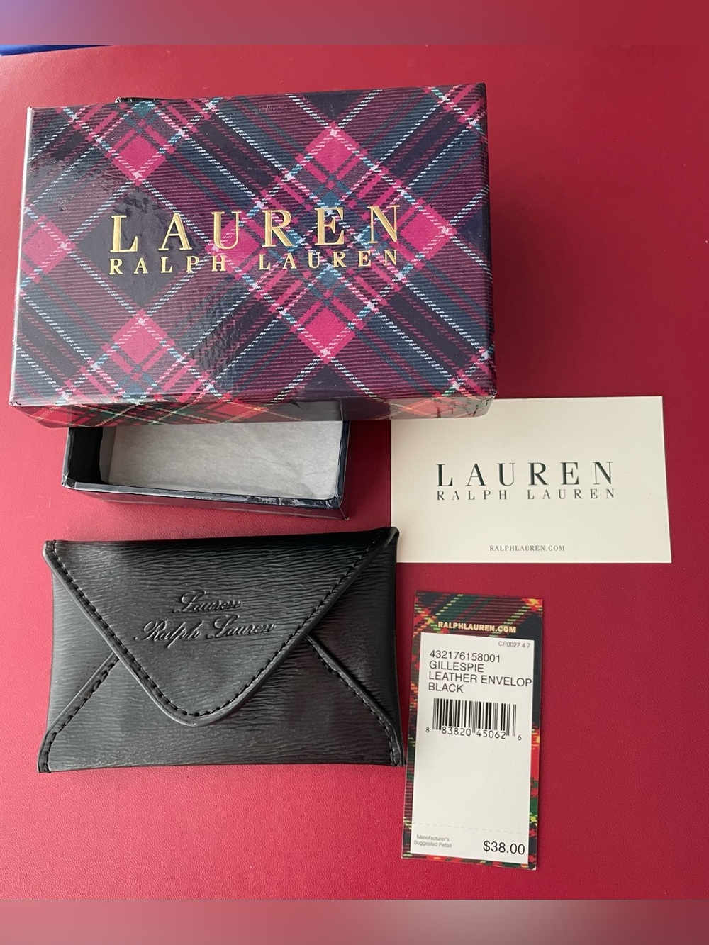Lauren Ralph Lauren Black Leather Envelope Card Case Snap Closure NWT withBox